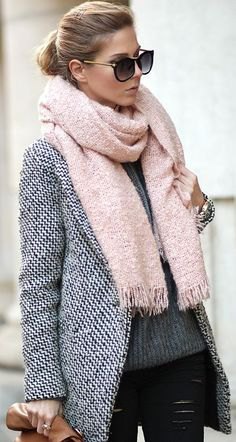 Light pink fringed scarf with black and white tweed blazer and leather gaiters