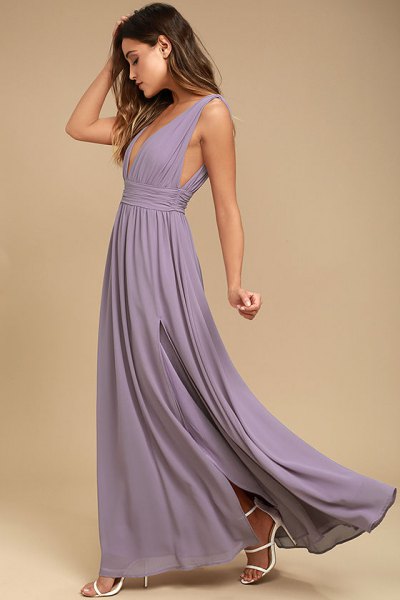 light purple deep floor-length pleated dress with V-neckline