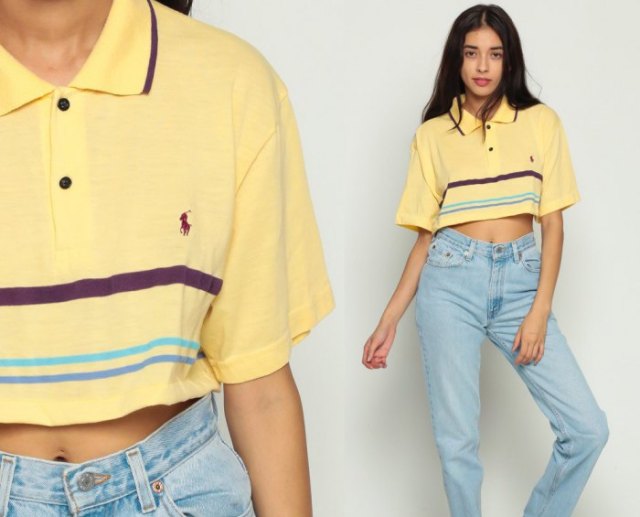 Light yellow short polo shirt with mom jeans