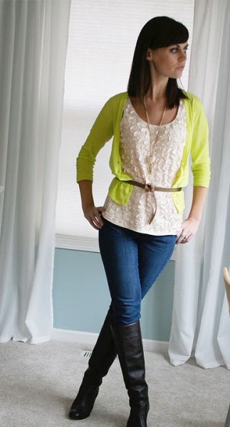 light yellow short cardigan with belt and lace blouse