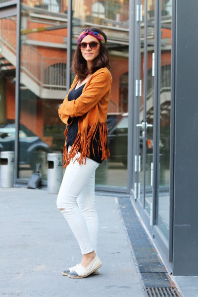 lime green fringed jacket and white skinny jeans