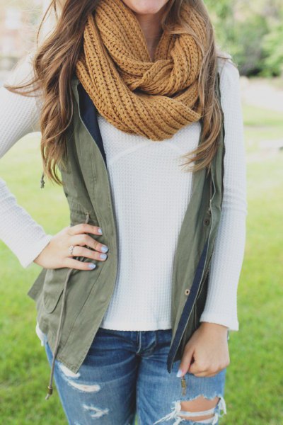 lime green scarf army green vest white sweater
