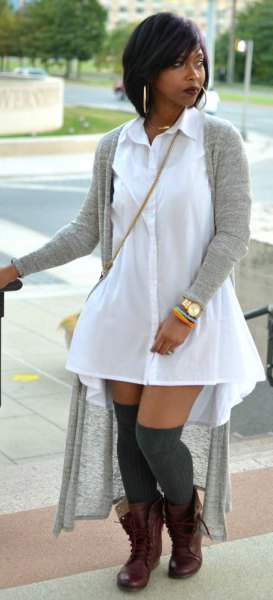 long shirt dress with white collar and cardigan