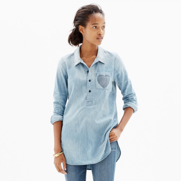 long chambray popover shirt washed blue jeans