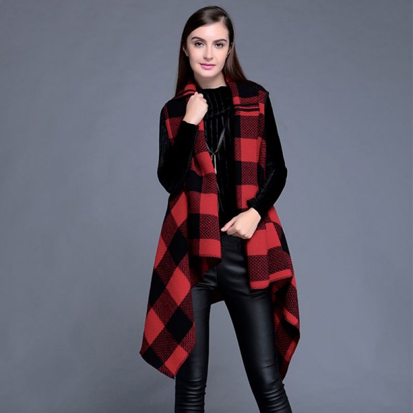 long red and black plaid vest made of flannel with black leather pants