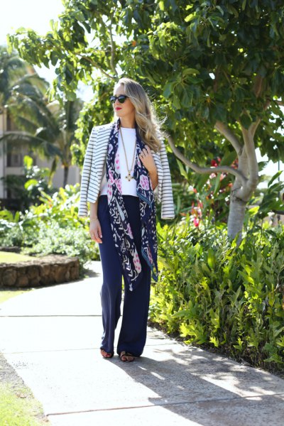 long striped bomber jacket made of chiffon with a floral pattern