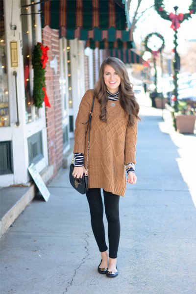 long light brown knitted sweater with black and white striped top