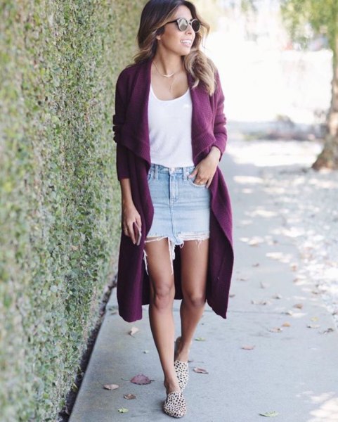 long purple cardigan with white vest top with scoop neckline and denim skirt