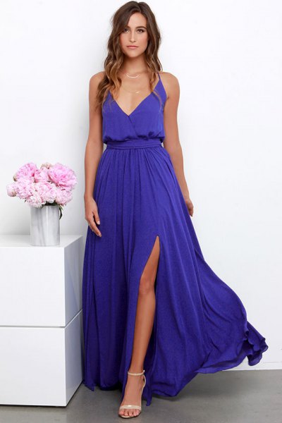 long purple deep v-neck ruched waist high split flowing dress
