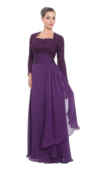 long purple sleeve two toned lace and chiffon dress