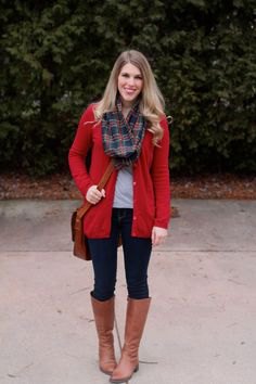 long red cardigan with a gray and dark blue checked scarf and knee-high brown boots