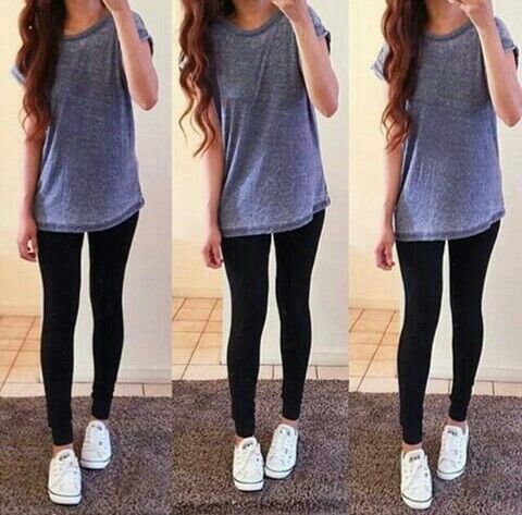 Long T-shirt with leggings and converse. Casual outfit. Everyday .