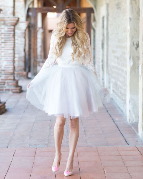 long-sleeved lace dress with belt and chiffon tulle