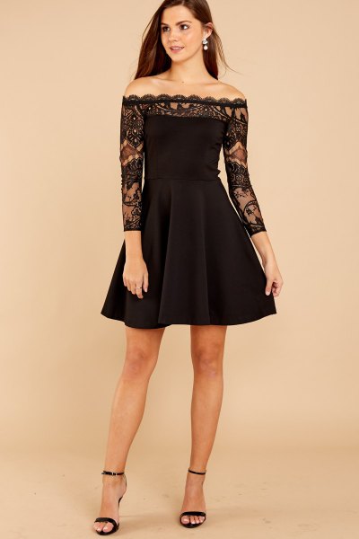 long sleeved black lace dress and flared dress