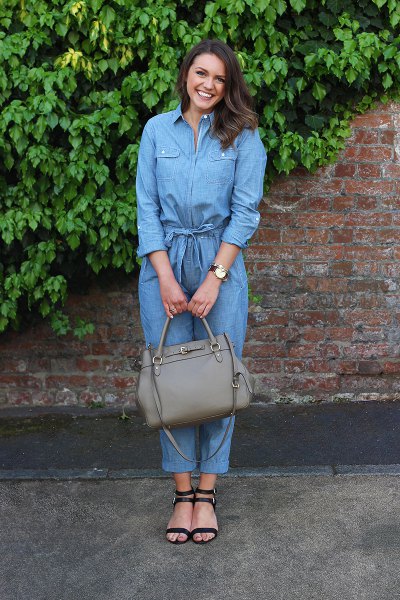 Long-sleeved chambray overall strappy sandals with straps