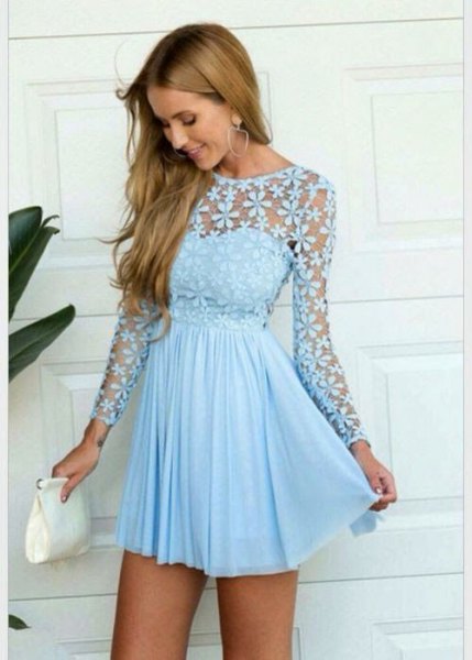 Long-sleeved fit and flare, semi-transparent mini pleated dress made of lace