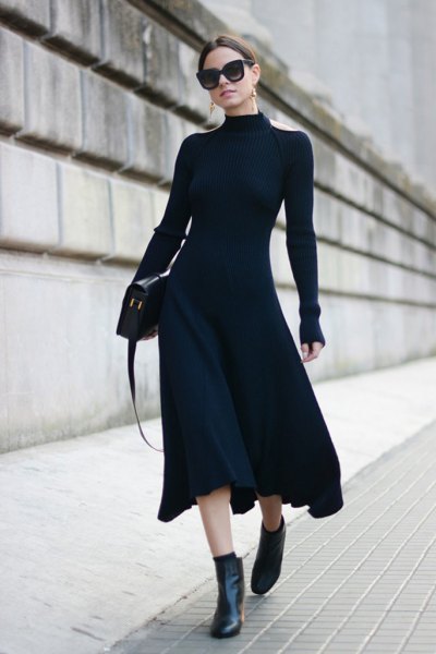 long-sleeved high neck dress ankle boots