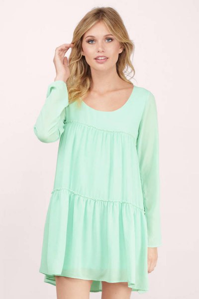 long-sleeved seafoam green babydoll mini dress