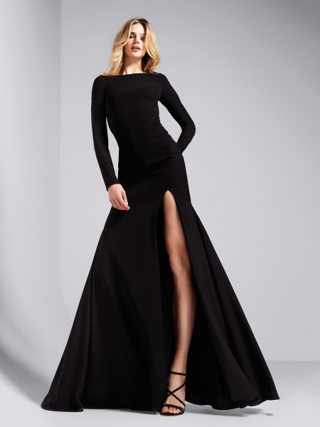 long-sleeved, split, black maxi dress