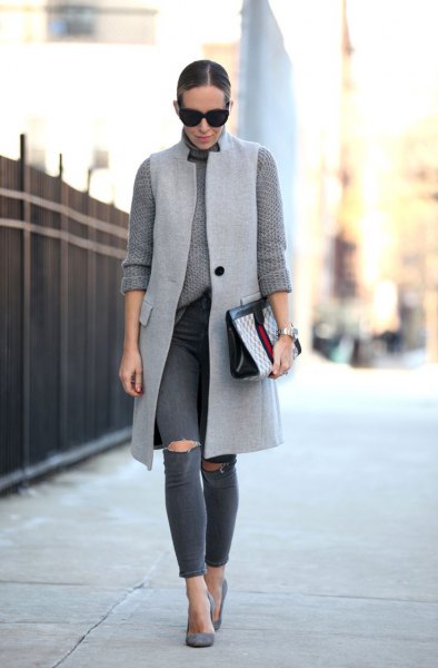 long wool vest with ribbed gray, chunky sweater
