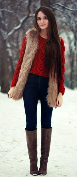 brown longline vest with green knitted sweater with gray knee-high boots with open toes