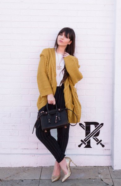 Longline Chunky Sweater Cardigan with golden sequin heels