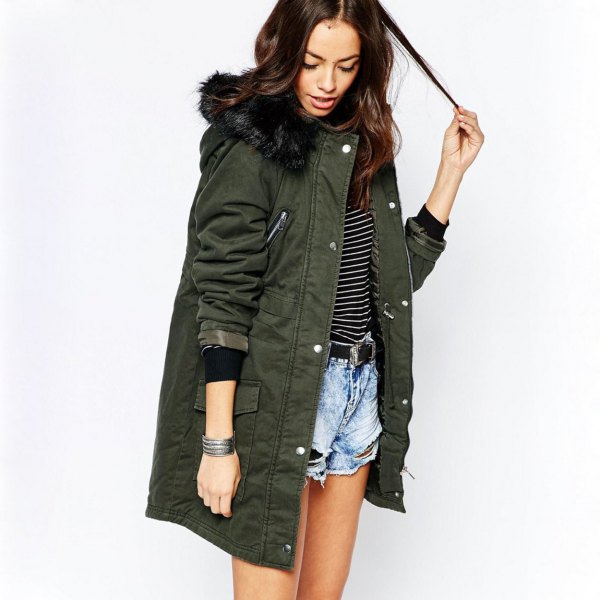 gray long parka jacket with striped T-shirt and blue denim shorts