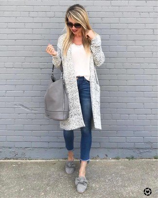 Long-line cardigan with a white t-shirt and detailed gray dress shoes