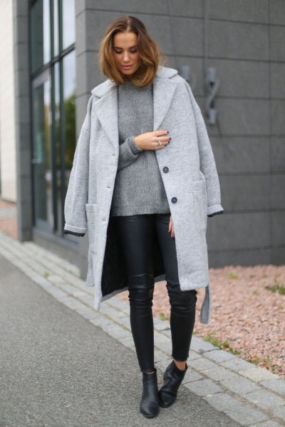 Longline wool boyfriend coat with sweater and black leather gaiters