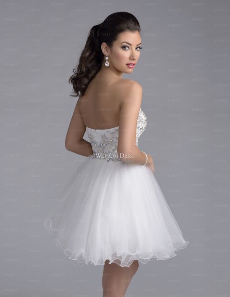 Strapless white tulle dress with a low back