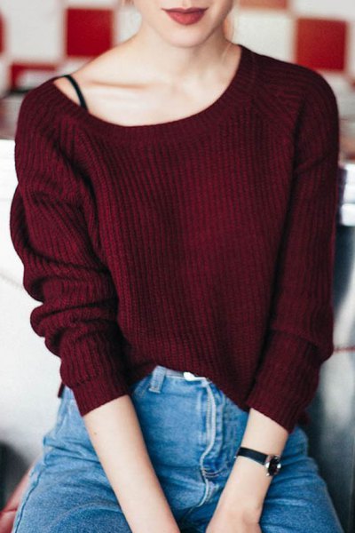 Maroon ribbed sweater with a boat neckline, black top with spaghetti straps and mom jeans