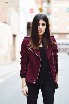 Maroon jacket with black tank top and skinny jeans
