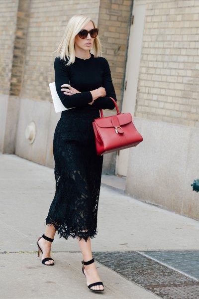 Maxi lace dress black sweater with round neckline