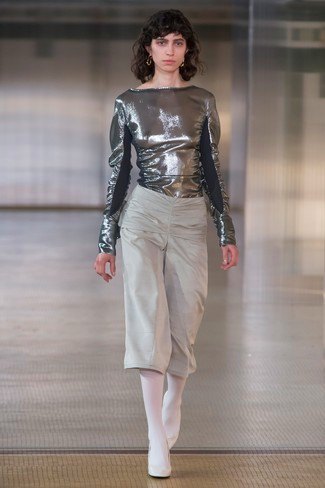 Metallic blouse with gray, cropped pants with wide legs