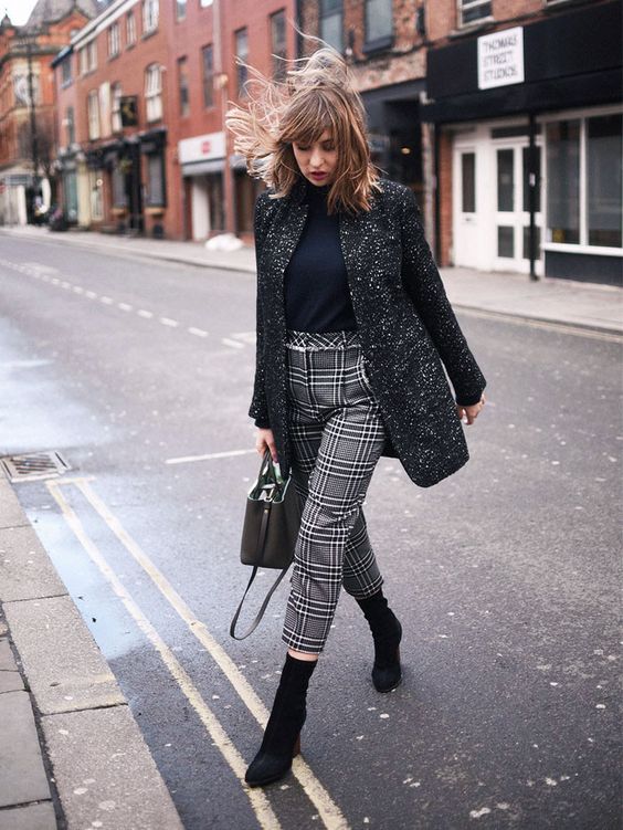 Checkered pants with calf boots