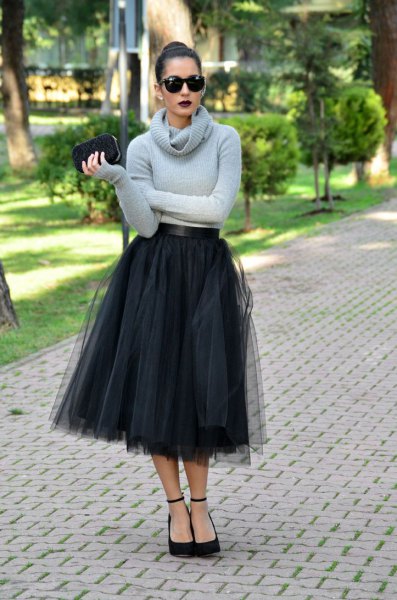 Midi black tulle skirt gray sweater with waterfall neckline