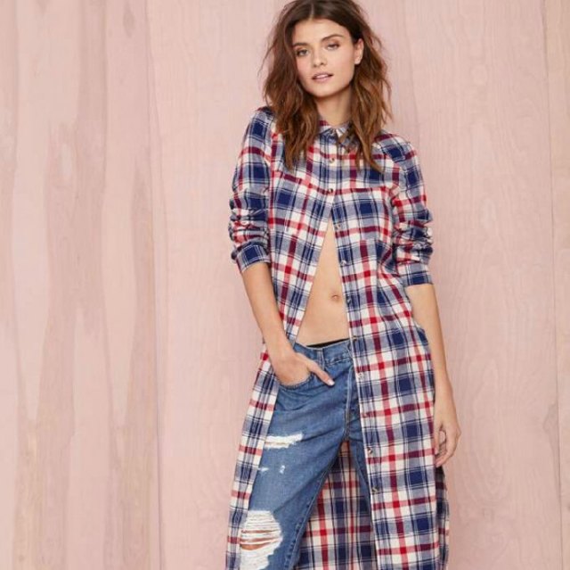 Midi checked tunic shirt dress with ripped boyfriend jeans