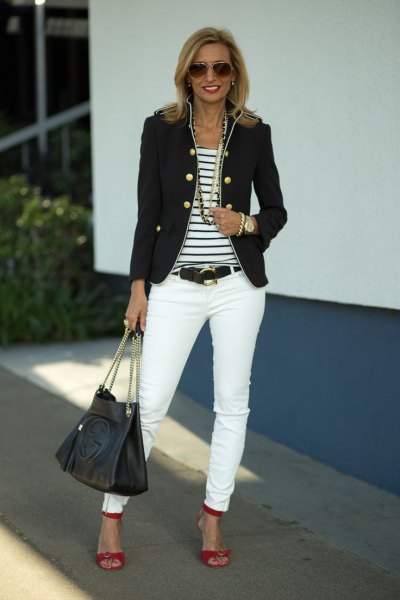 Military blazer with a striped T-shirt and white skinny jeans