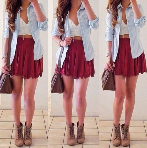 Mini skirt with white crop top with deep V-neck and chambray shirt with buttons