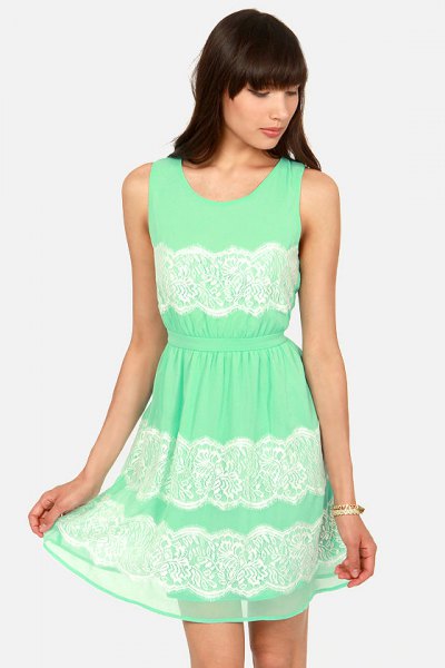 Mint and White Color Block Chiffon and Lace Mini Skater Dress