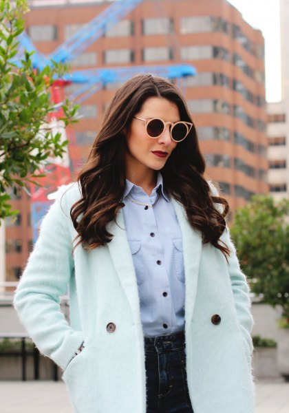Mint green chambray shirt with a white longline coat