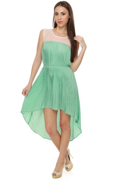 Mint green sleeveless, pleated, high, deep midi round dress
