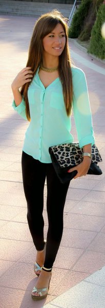 Mint green, slim fit shirt with buttons and clutch with leopard print