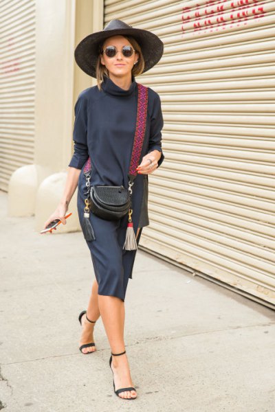 blue sweater dress with mock neck and dark blue heeled sandals