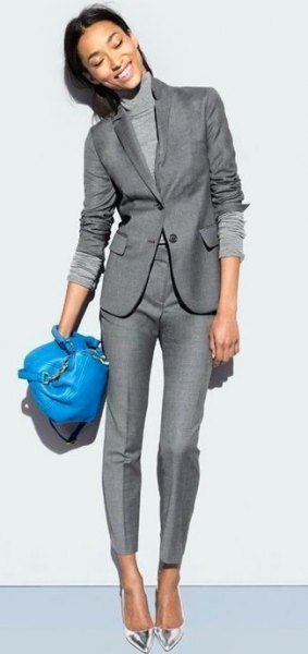 Mock neck knitted sweater with gray blazer and matching pants
