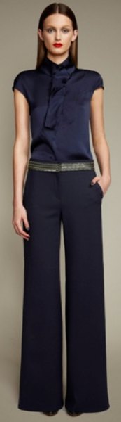 Silk blouse with mock neck and flared trousers