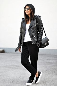 Moto jacket with slim fit jeans and black leather trainers