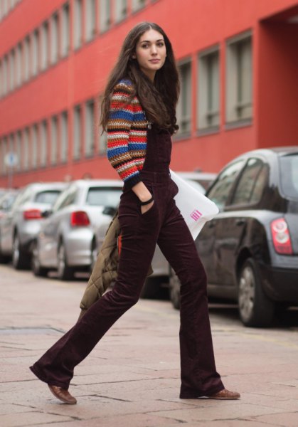 multicolored knitted sweater with brown velvet overall