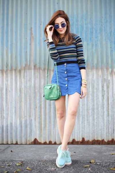 multicolored striped sweater blue button on the front scallop skirt