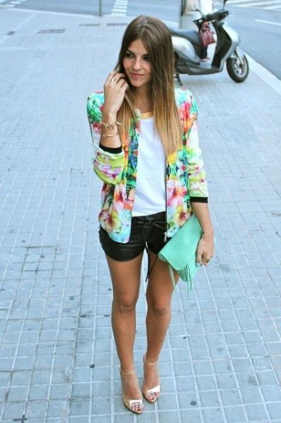 multicolored blazer with white top and black mini leather shorts